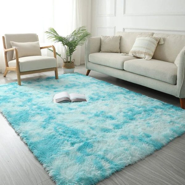 tapis salon shaggy bleu blanc